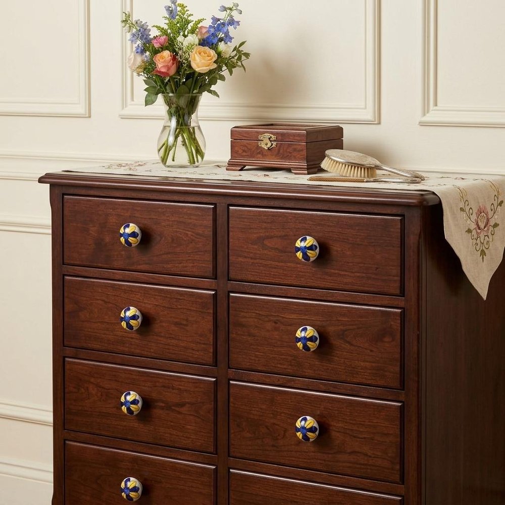 Set of Eight Blue And Yellow Floral Ceramic Drawer Pull Knobs HomeRoots