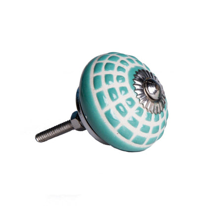 Set of Twelve Turquoise And White Geometric Ceramic Drawer Pull Knobs HomeRoots