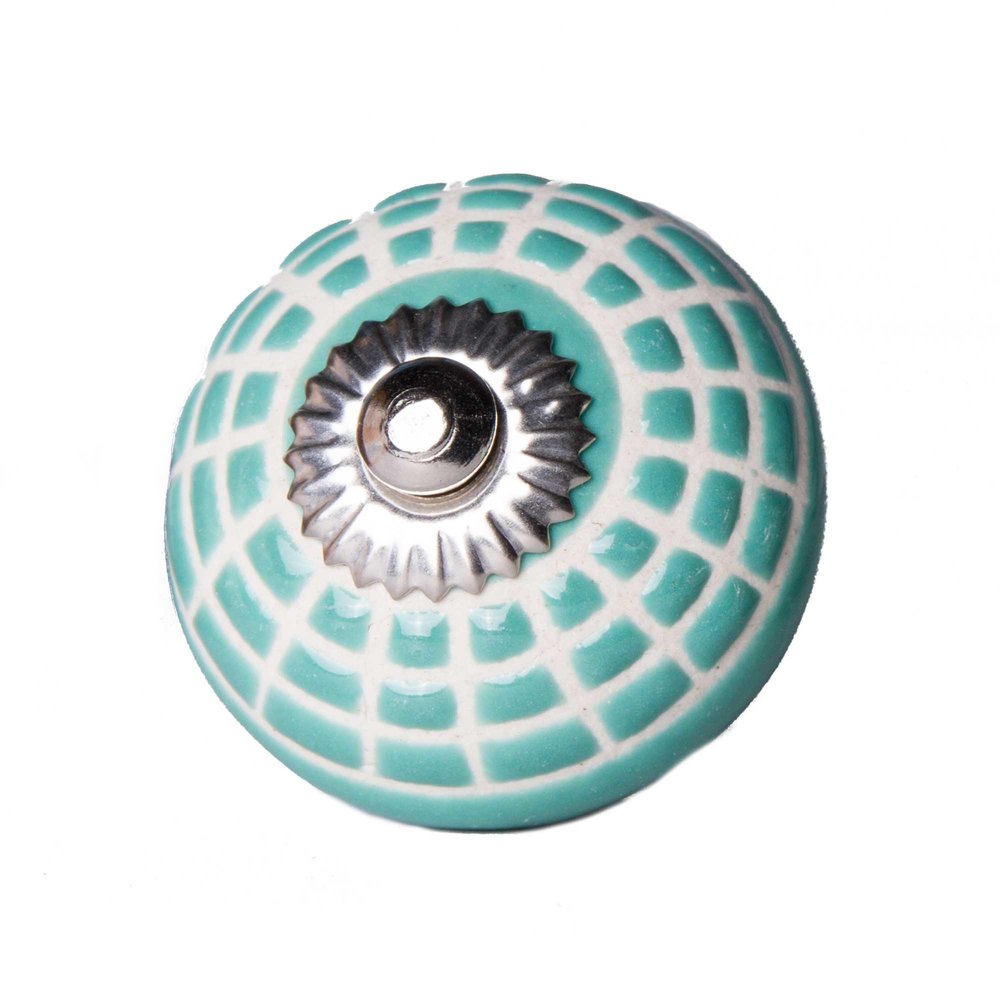 Set of Twelve Turquoise And White Geometric Ceramic Drawer Pull Knobs HomeRoots