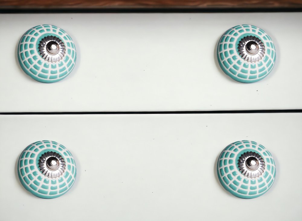 Set of Twelve Turquoise And White Geometric Ceramic Drawer Pull Knobs HomeRoots