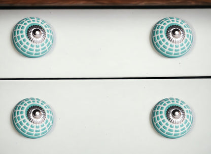 Set of Twelve Turquoise And White Geometric Ceramic Drawer Pull Knobs HomeRoots
