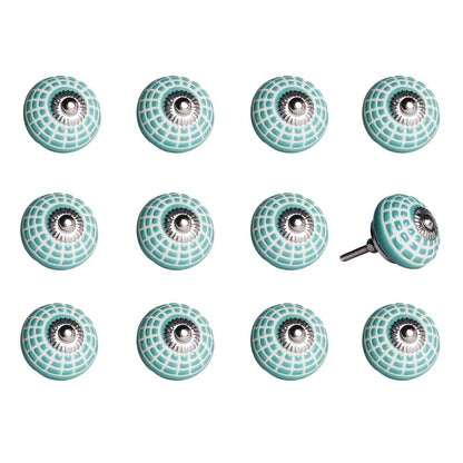Set of Twelve Turquoise And White Geometric Ceramic Drawer Pull Knobs HomeRoots