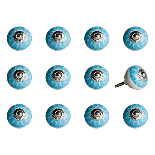 Set of Twelve Aqua White And Silver Geometric Ceramic Drawer Pull Knobs HomeRoots