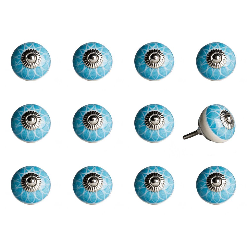 Set of Twelve Aqua White And Silver Geometric Ceramic Drawer Pull Knobs HomeRoots