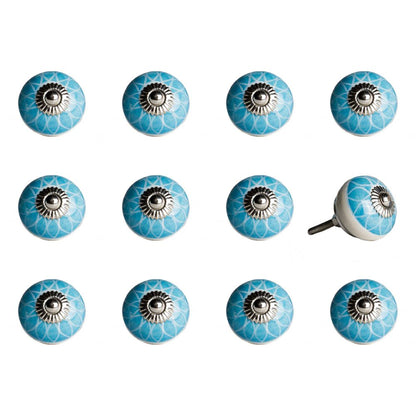 Set of Twelve Aqua White And Silver Geometric Ceramic Drawer Pull Knobs HomeRoots