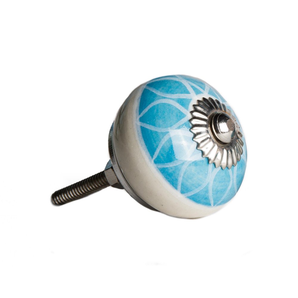 Set of Twelve Aqua White And Silver Geometric Ceramic Drawer Pull Knobs HomeRoots