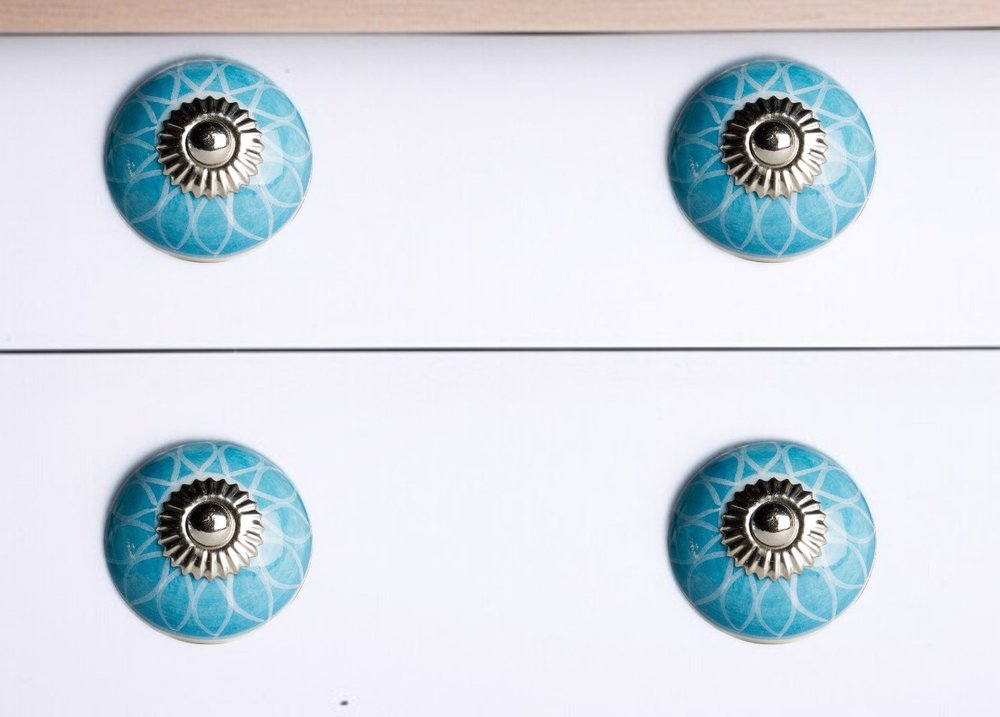 Set of Twelve Aqua White And Silver Geometric Ceramic Drawer Pull Knobs HomeRoots