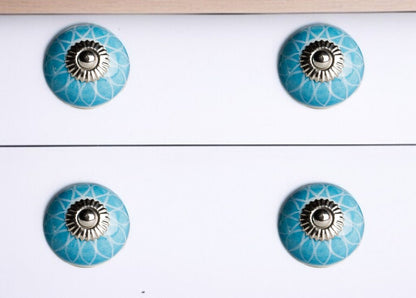 Set of Twelve Aqua White And Silver Geometric Ceramic Drawer Pull Knobs HomeRoots