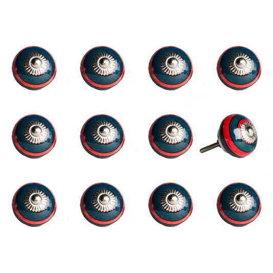 Set of Twelve Navy Blue And Red Geometric Ceramic Drawer Pull Knobs HomeRoots
