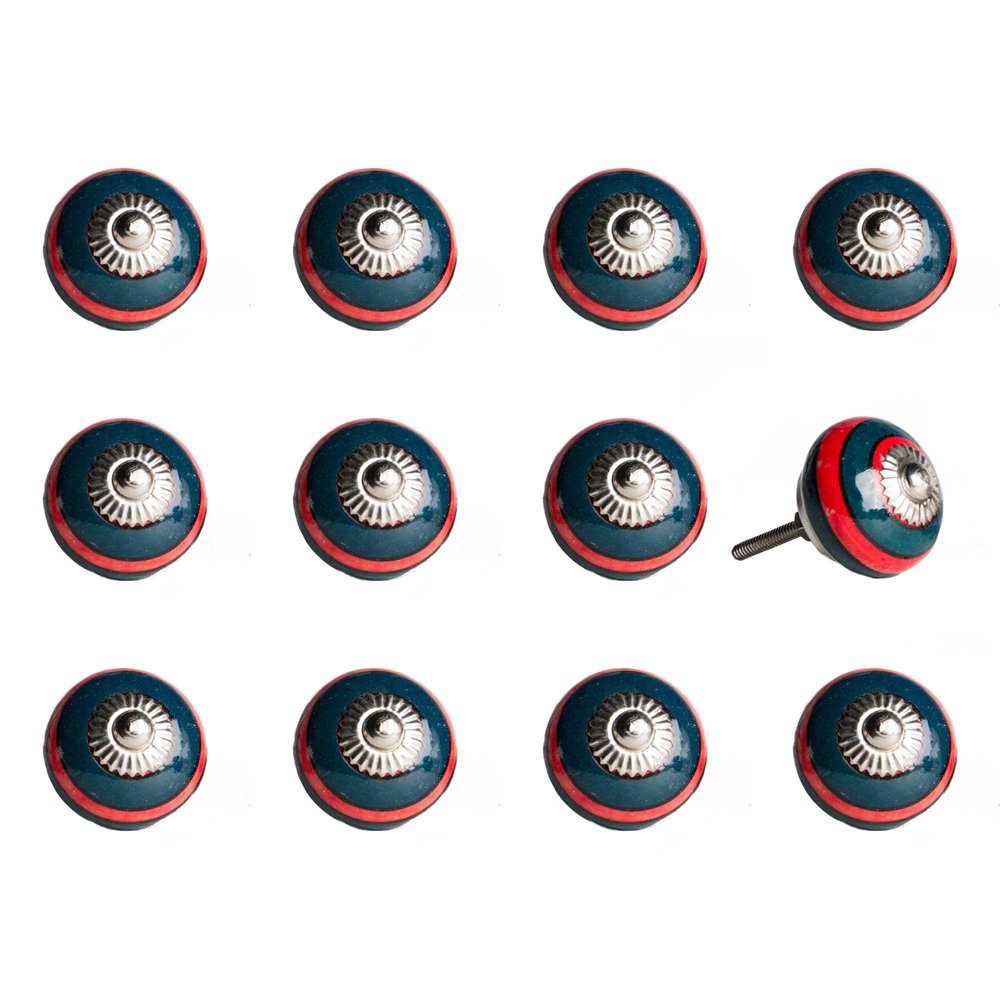 Set of Twelve Navy Blue And Red Geometric Ceramic Drawer Pull Knobs HomeRoots