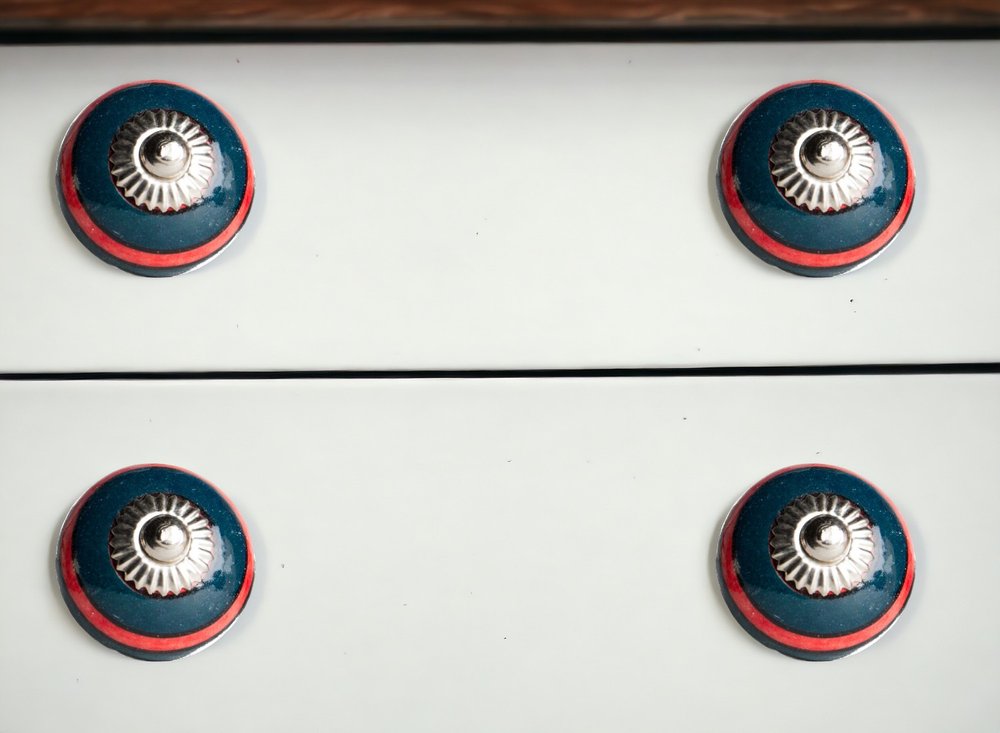 Set of Twelve Navy Blue And Red Geometric Ceramic Drawer Pull Knobs HomeRoots