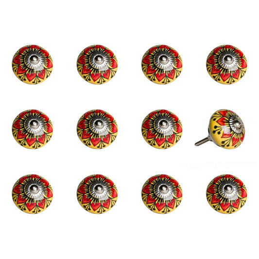 Set of Twelve Yellow And Black Floral Ceramic Drawer Pull Knobs HomeRoots
