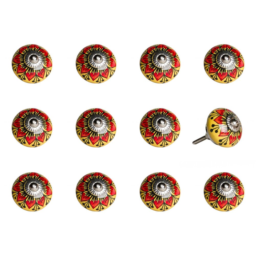 Set of Twelve Yellow And Black Floral Ceramic Drawer Pull Knobs HomeRoots