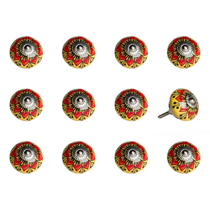 Set of Twelve Yellow And Black Floral Ceramic Drawer Pull Knobs HomeRoots