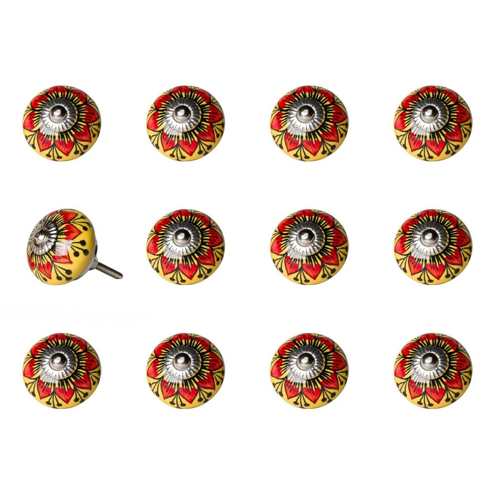 Set of Twelve Yellow And Black Floral Ceramic Drawer Pull Knobs HomeRoots