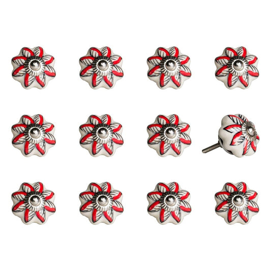 Set of Twelve Red And White Floral Ceramic Drawer Pull Knobs HomeRoots
