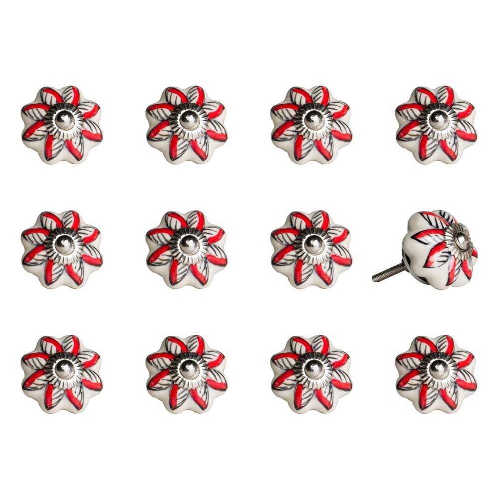 Set of Twelve Red And White Floral Ceramic Drawer Pull Knobs HomeRoots