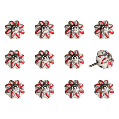 Set of Twelve Red And White Floral Ceramic Drawer Pull Knobs HomeRoots