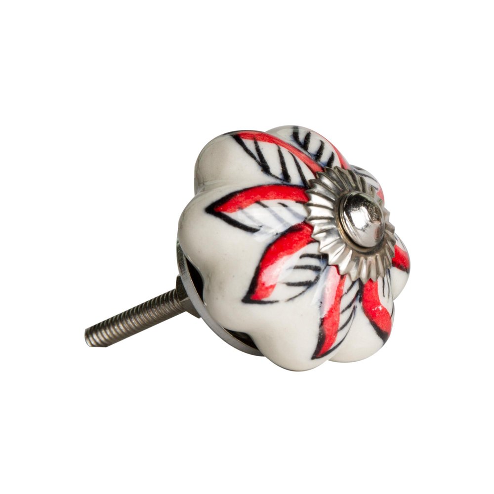 Set of Twelve Red And White Floral Ceramic Drawer Pull Knobs HomeRoots