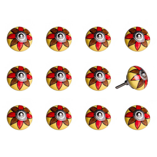 Set of Twelve Red And Yellow Floral Ceramic Drawer Pull Knobs HomeRoots