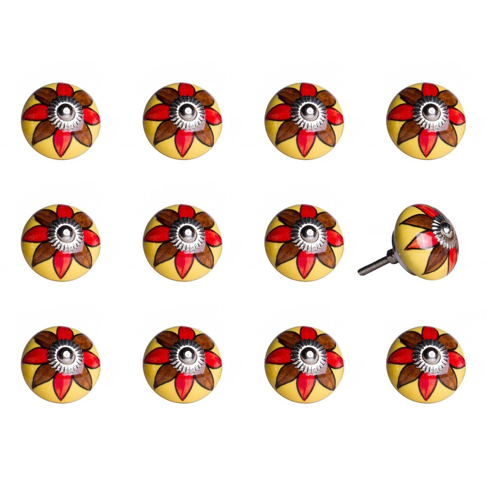 Set of Twelve Red And Yellow Floral Ceramic Drawer Pull Knobs HomeRoots