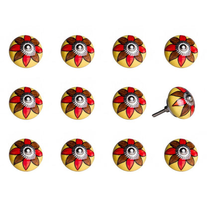 Set of Twelve Red And Yellow Floral Ceramic Drawer Pull Knobs HomeRoots