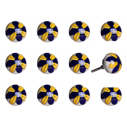 Set of Twelve Blue And Yellow Floral Ceramic Drawer Pull Knobs HomeRoots