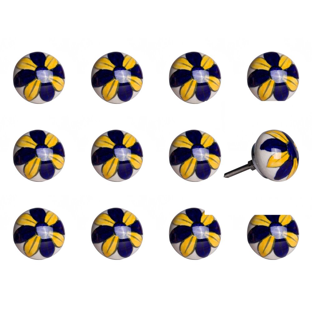 Set of Twelve Blue And Yellow Floral Ceramic Drawer Pull Knobs HomeRoots