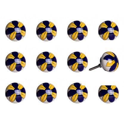 Set of Twelve Blue And Yellow Floral Ceramic Drawer Pull Knobs HomeRoots