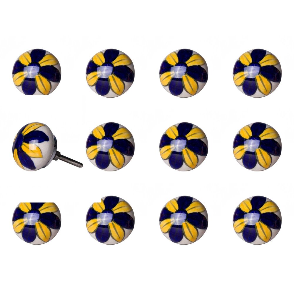 Set of Twelve Blue And Yellow Floral Ceramic Drawer Pull Knobs HomeRoots