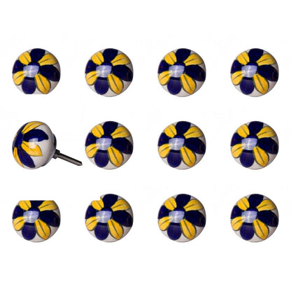 Set of Twelve Blue And Yellow Floral Ceramic Drawer Pull Knobs HomeRoots