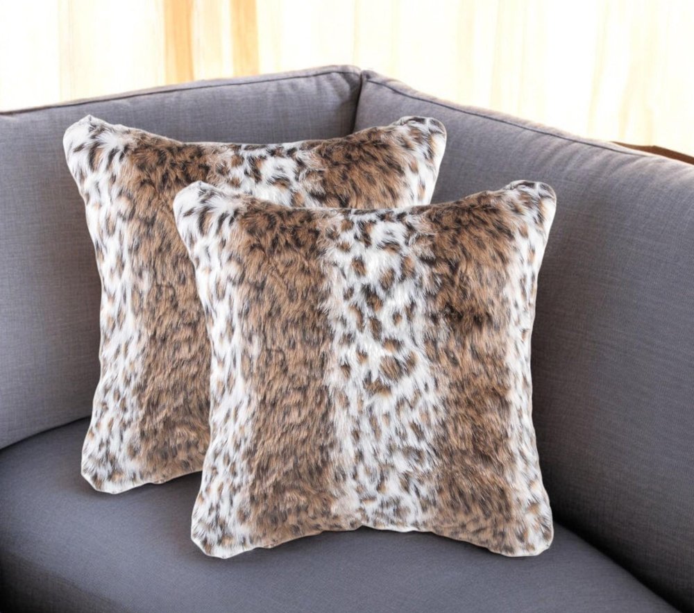 Set of Two 18" Brown White And Black Faux Fur Throw Pillows HomeRoots