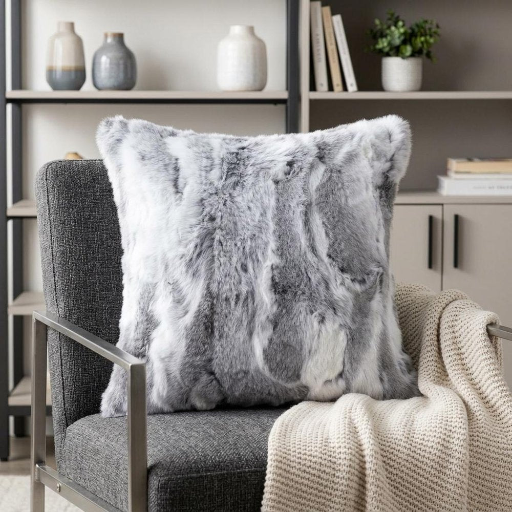 5" X 18" X 18" 100% Natural Rabbit Fur Grey Pillow — view 7