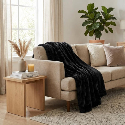 Black Knitted Rabbit Solid Color Plush Reversable Throw HomeRoots