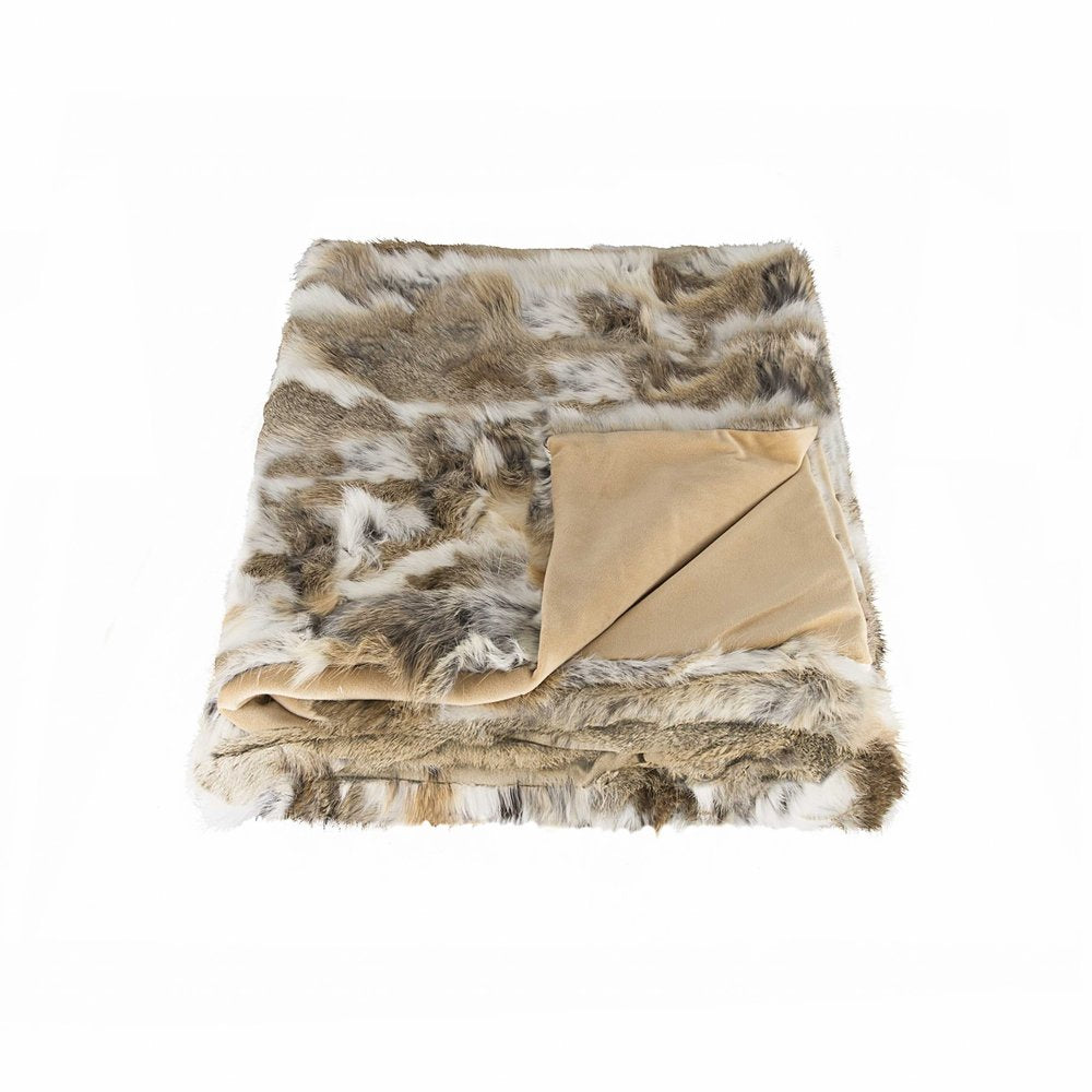 60" X 50" Tan Knitted Rabbit Fur Animal Print Throw Blanket HomeRoots