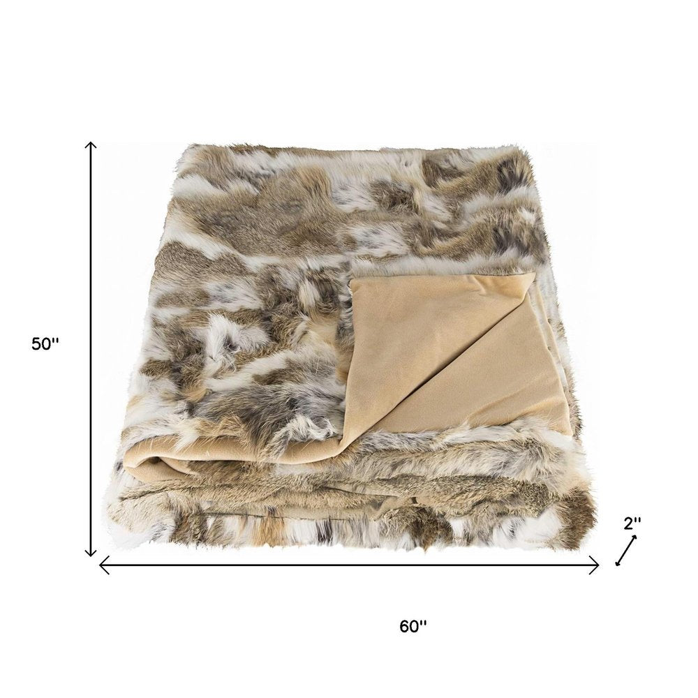 60" X 50" Tan Knitted Rabbit Fur Animal Print Throw Blanket HomeRoots