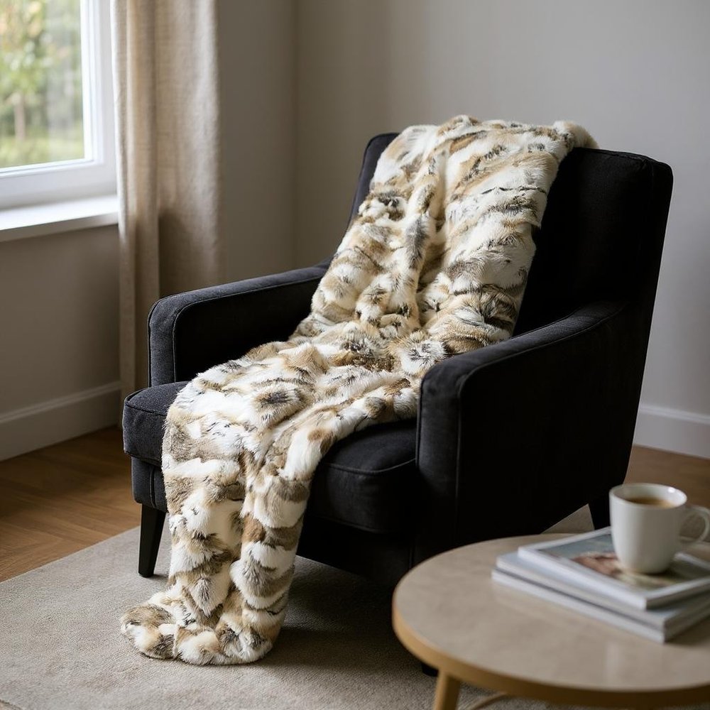 60" X 50" Tan Knitted Rabbit Fur Animal Print Throw Blanket HomeRoots