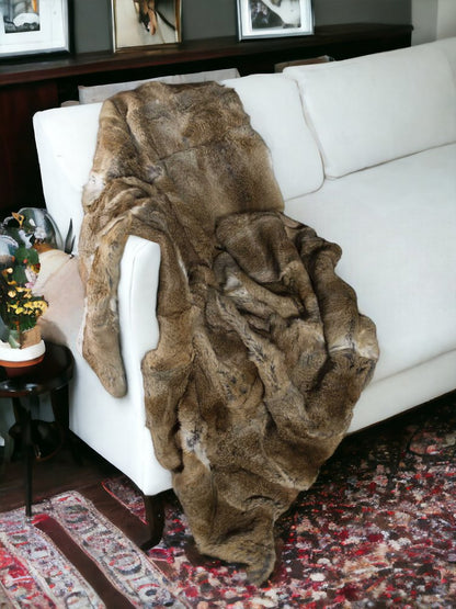 2" X 50" X 60" 100 Natural Rabbit Fur Hazelnut Throw Blanket HomeRoots