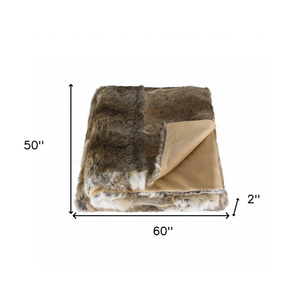 2" X 50" X 60" 100 Natural Rabbit Fur Hazelnut Throw Blanket HomeRoots