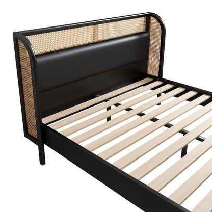 Modern Cannage Rattan Wood Platform Queen Bed Black - FurniFindUSA