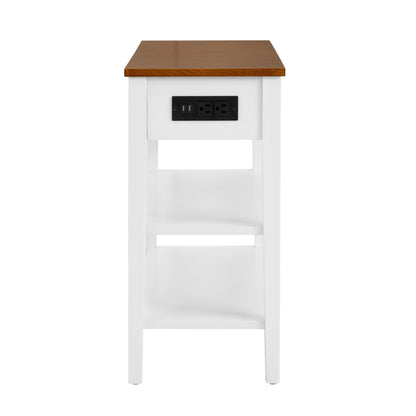 Narrow 2-tone End Table with USB Charging Ports for Small Space SOLID WOOD Table Legs White and Walnut 11.8"W*24"D*24.2"H - FurniFindUSA