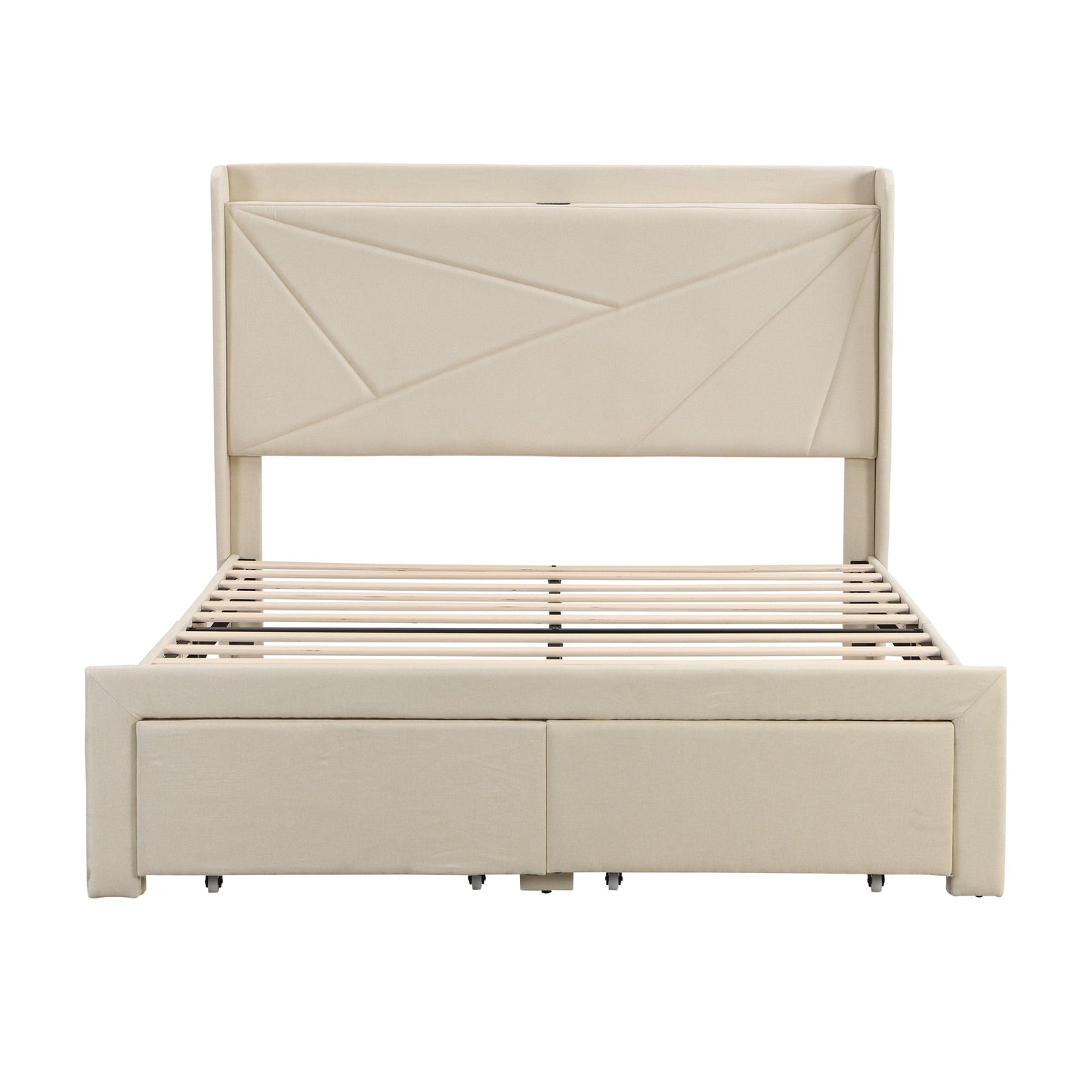 Full Size Bed Frame with 2 Storage Drawers Upholstered Bed Frame Beige - FurniFindUSA