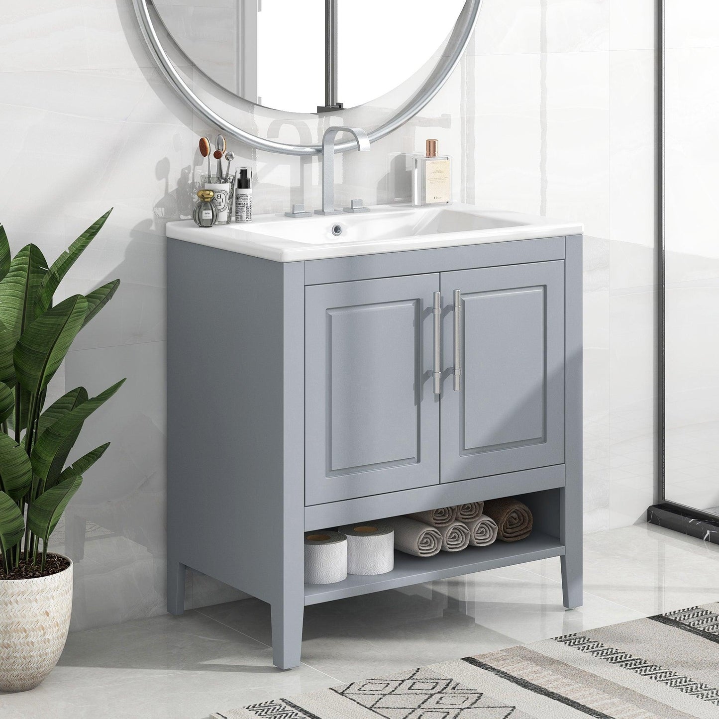 30" Bathroom Vanity with Sink, Multi-functional Bathroom Cabinet with Doors and Drawers, Solid Frame and MDF Board, Grey - FurniFindUSA