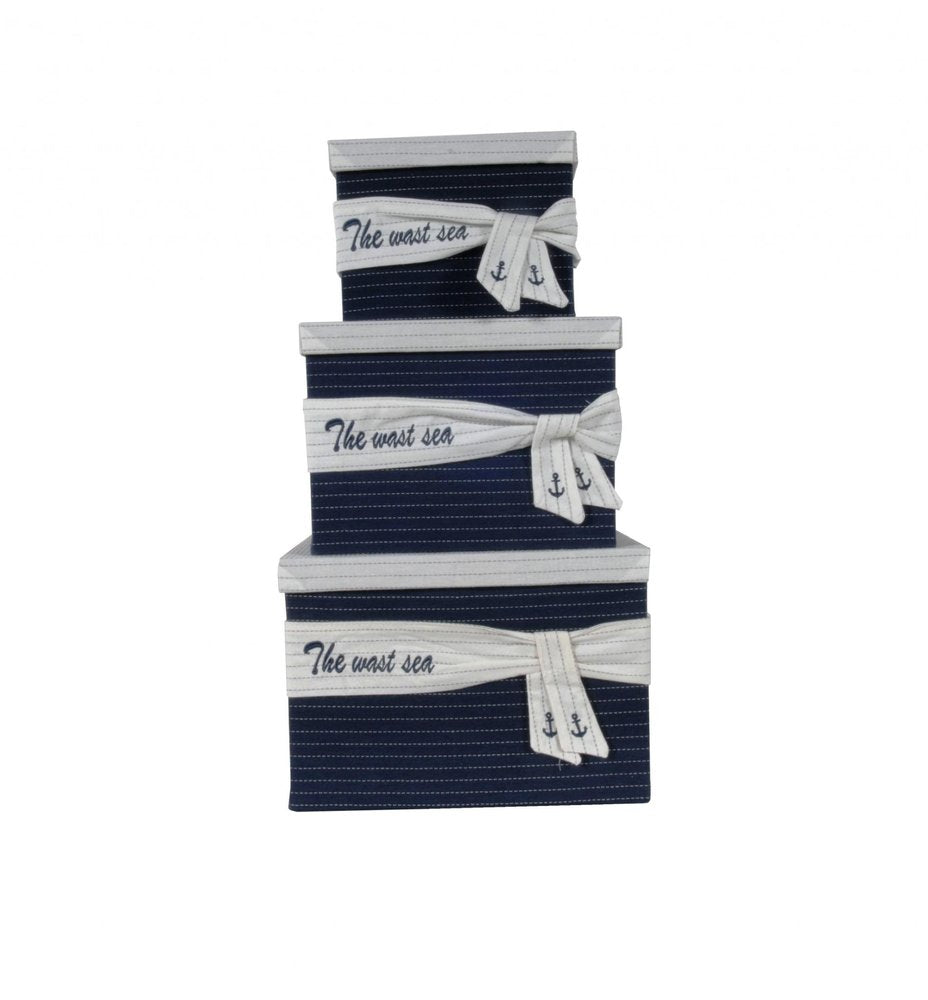 Set of Three Blue And White Fabric Organizing Box With Lid HomeRoots