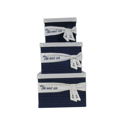 Set of Three Blue And White Fabric Organizing Box With Lid HomeRoots