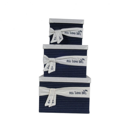 Set of Three Blue And White Fabric Organizing Box With Lid HomeRoots