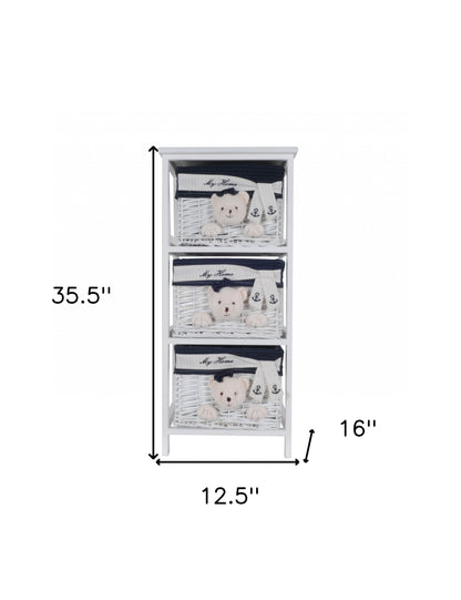 12.5" X 16" X 35.5" White Blue  Portable 3 Drawers