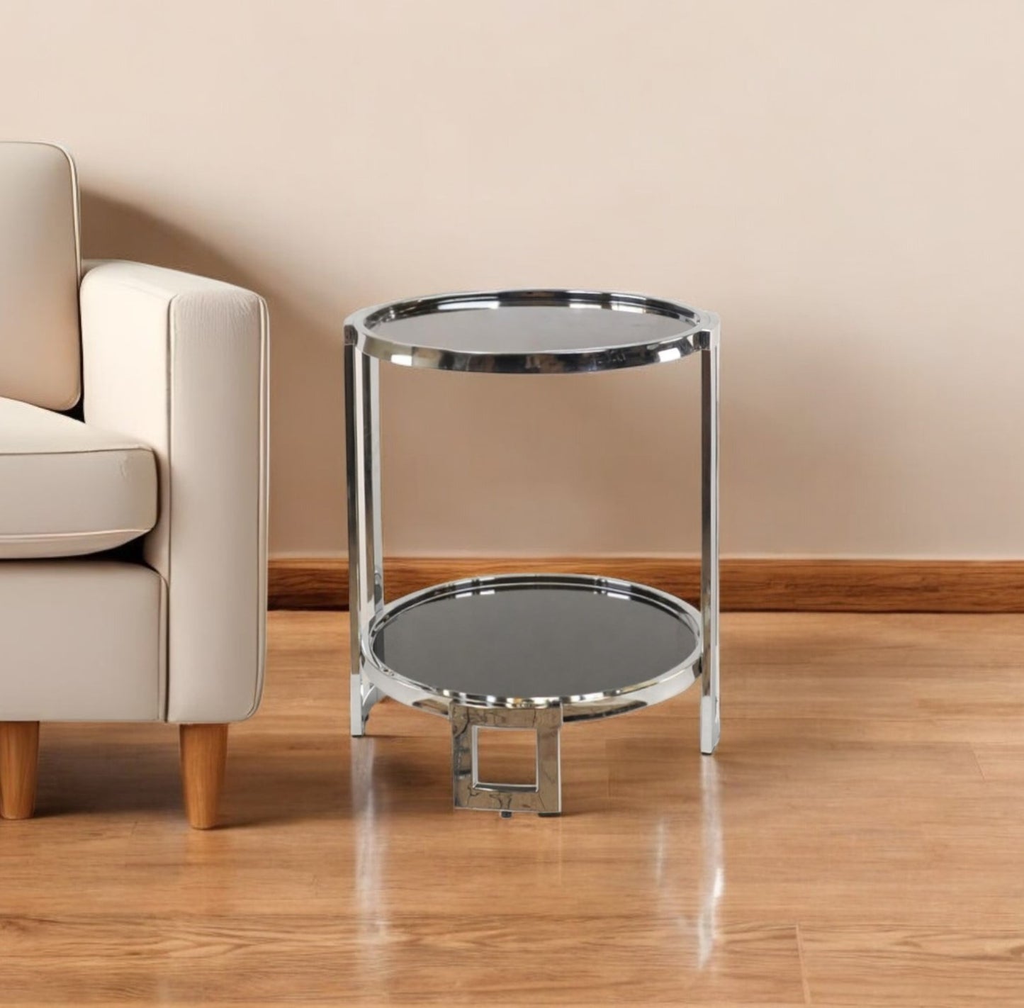 22" Silver Glass Round Mirrored End Table With Shelf