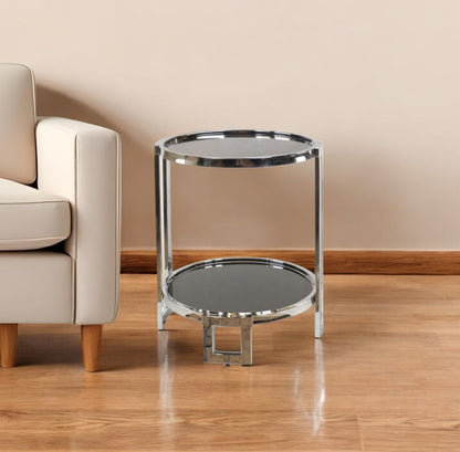 22" Silver Glass Round Mirrored End Table With Shelf