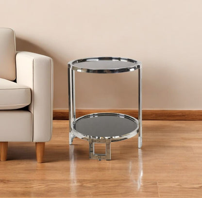 22" Silver Glass Round Mirrored End Table With Shelf HomeRoots